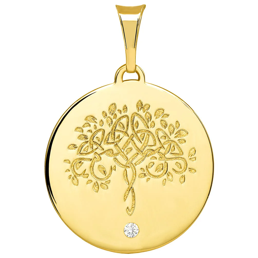 14k Solid Yellow Gold Hand Engraved Tree of Life CZ Round Medallion Pendant with Cuban Chain Necklace