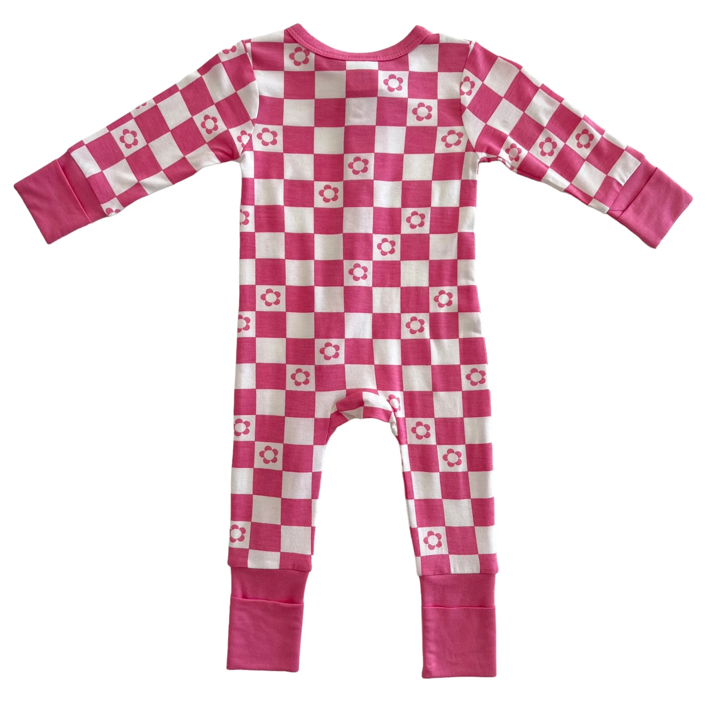 2-Way Convertible Zip Romper, Pink Flower Checkerboard