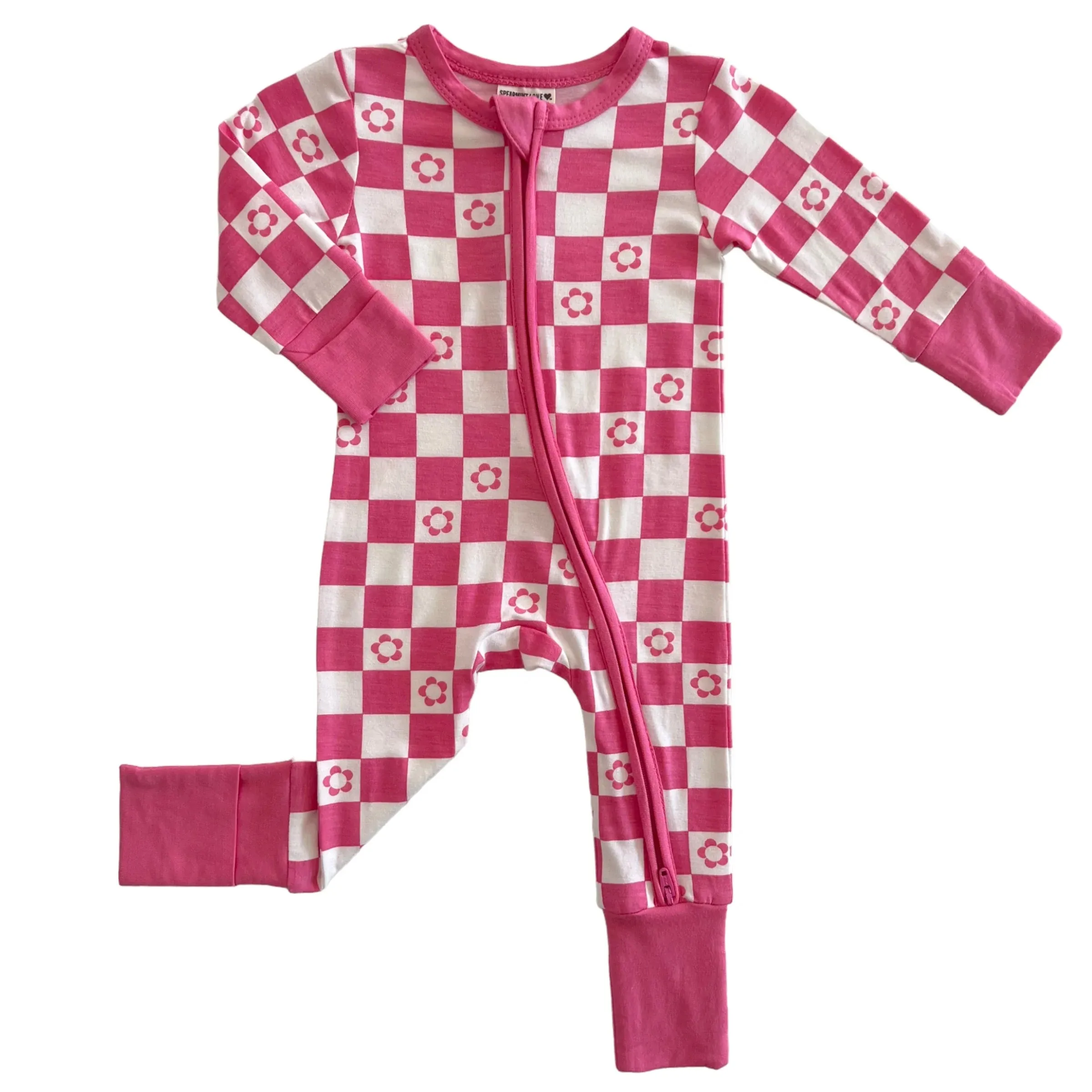 2-Way Convertible Zip Romper, Pink Flower Checkerboard