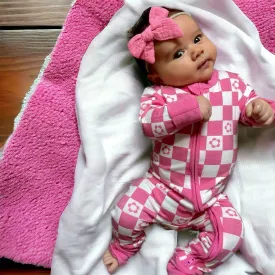 2-Way Convertible Zip Romper, Pink Flower Checkerboard
