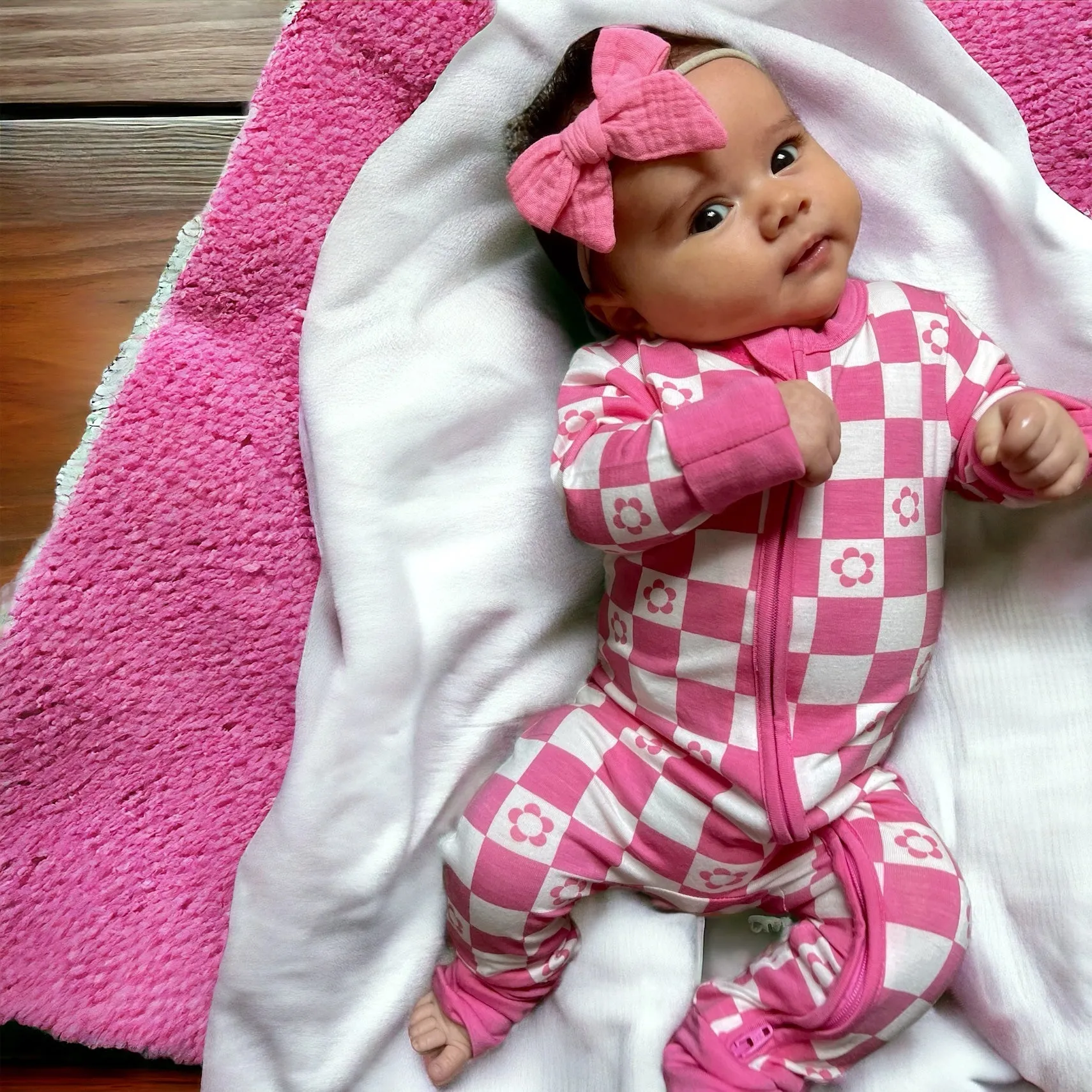 2-Way Convertible Zip Romper, Pink Flower Checkerboard