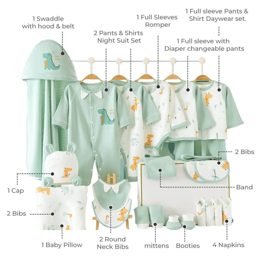 24 pcs Newly Born Baby Girl/Boy Gift Hamper (Dino Green) 0-12 Months