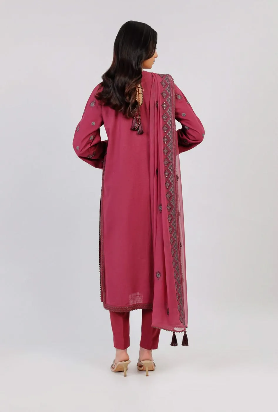 3 Pc Embroidered Khaddar Suit With Chiffon Dupatta