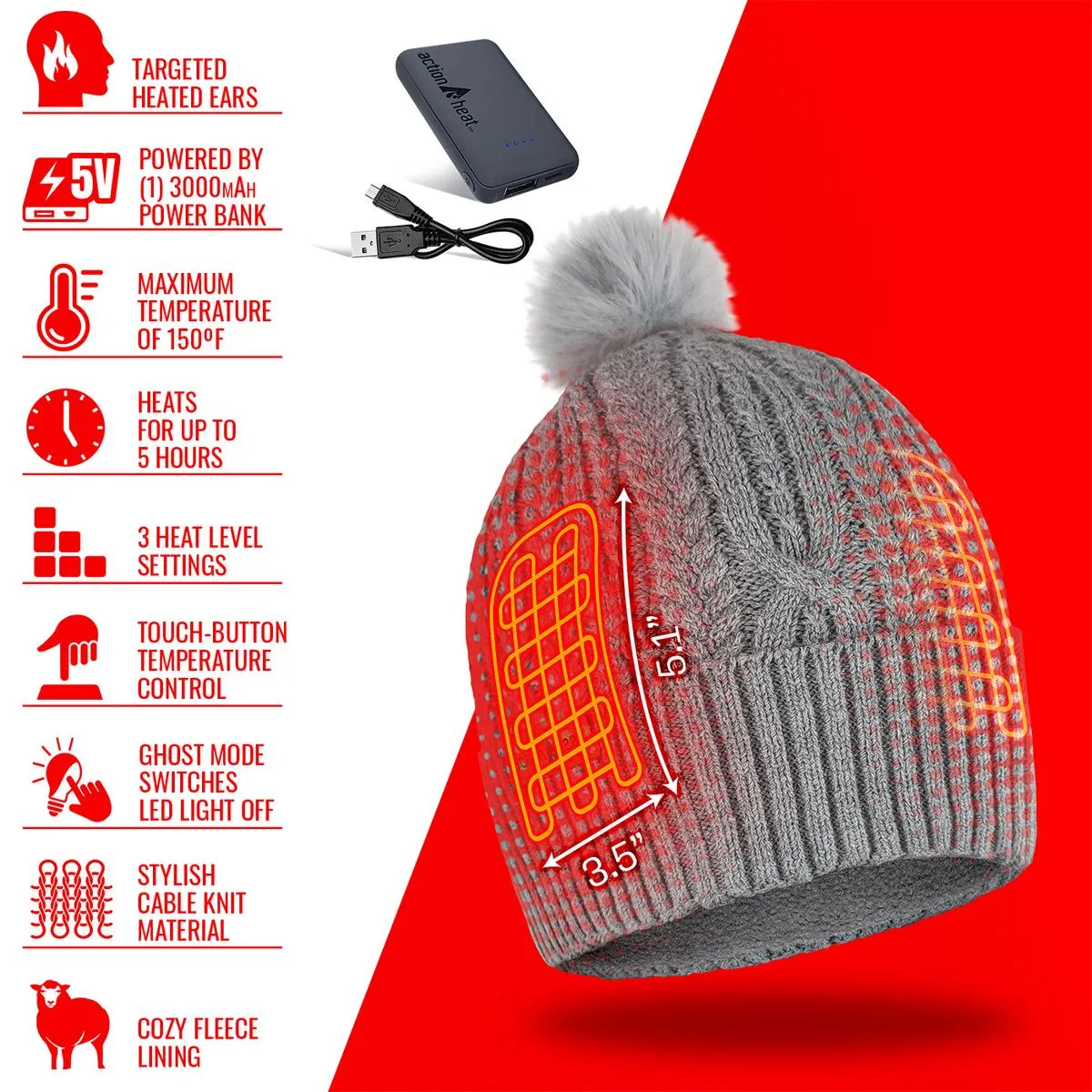 ActionHeat 5V Battery Heated Cable Knit Hat