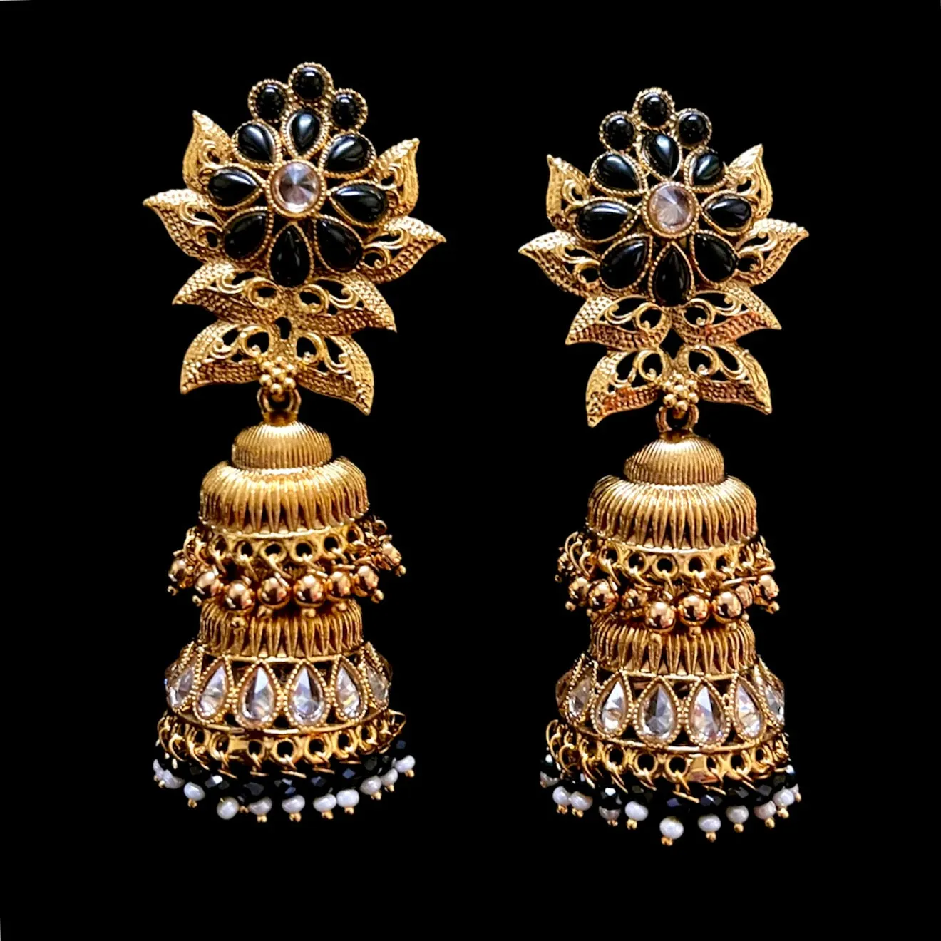 Antique Gold Kemp Polki Double Row Jhumka Earring