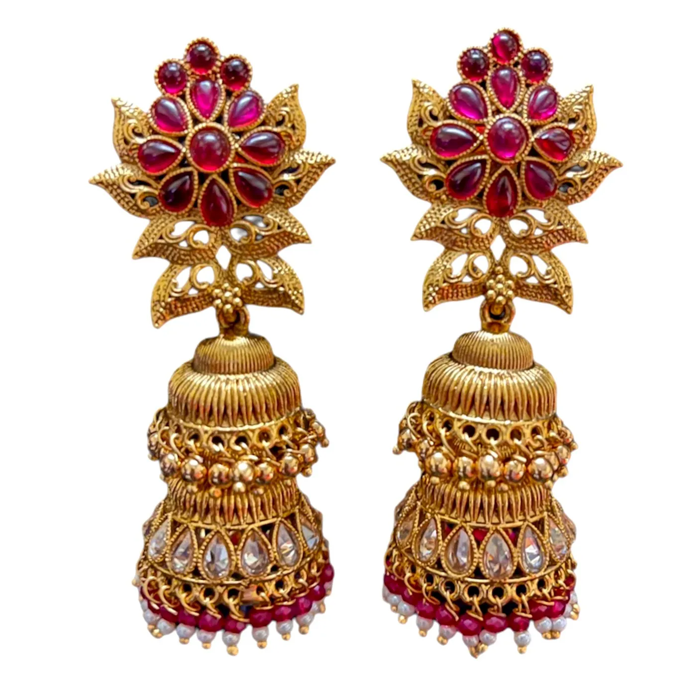 Antique Gold Kemp Polki Double Row Jhumka Earring