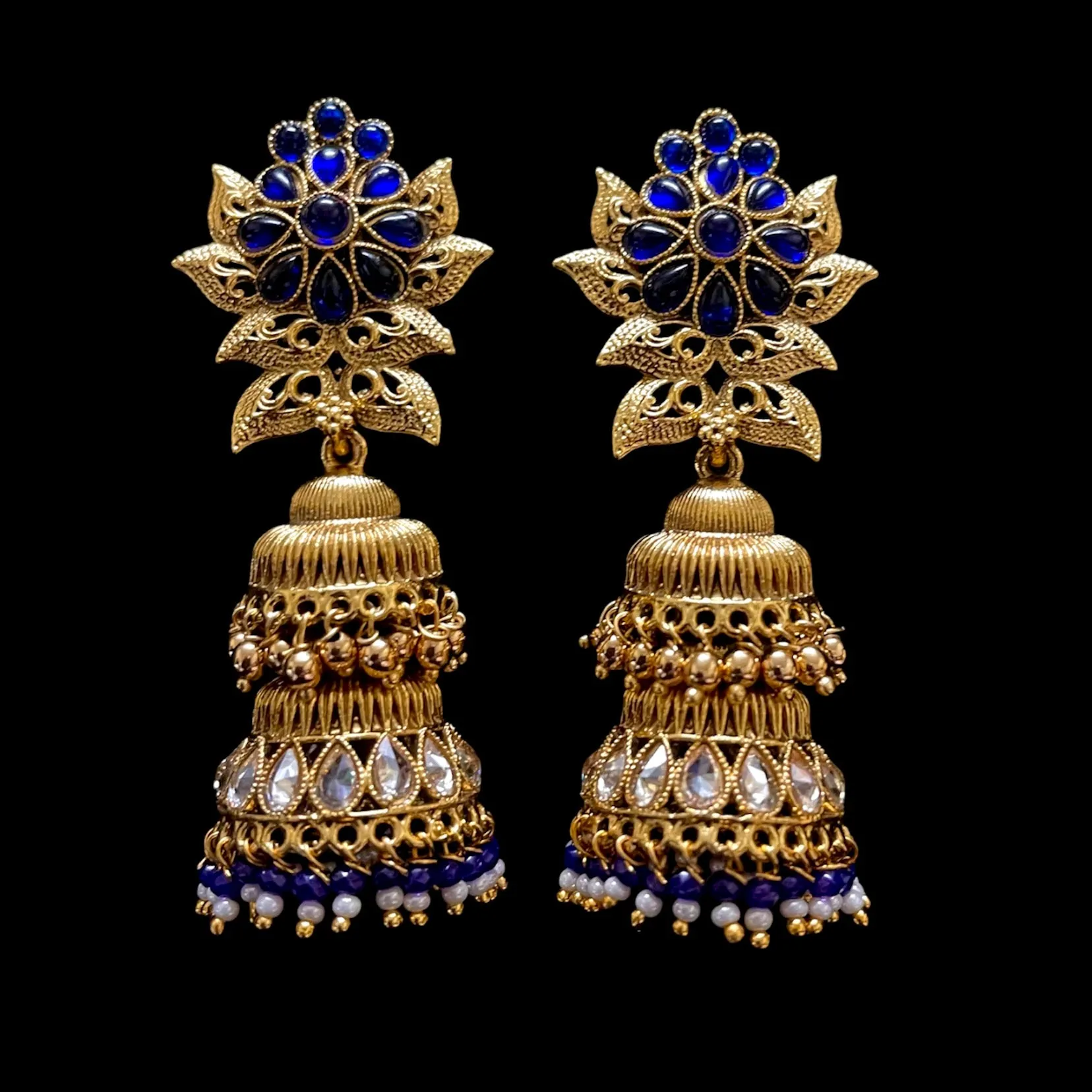 Antique Gold Kemp Polki Double Row Jhumka Earring