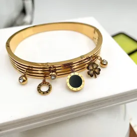 Black Roman Clover Layered 18K Gold Anti Tarnish Stainless Steel Openable Kada Bangle For Women