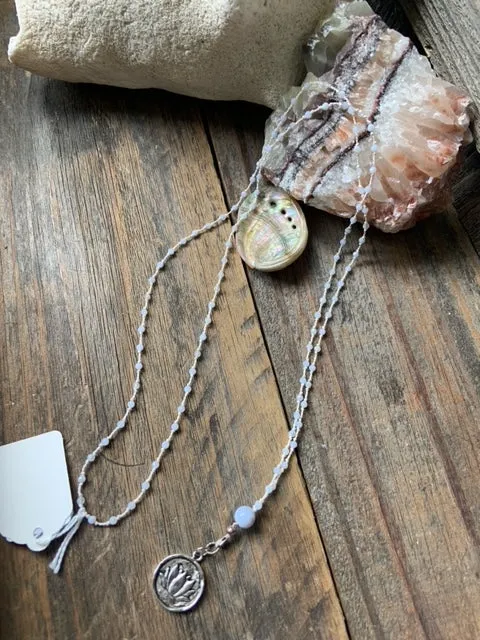 Blue Lace Agate Mala 38" with Lotus by Sea & Stone Studio