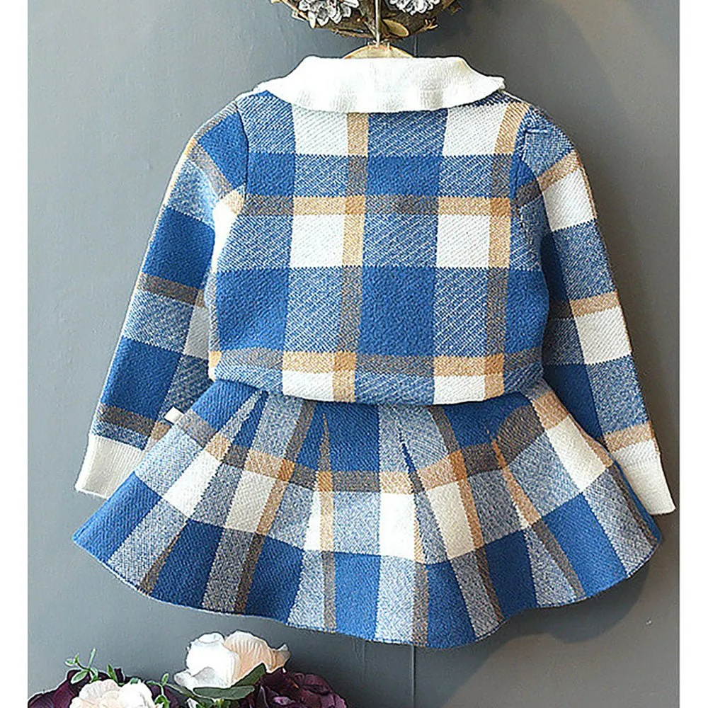 Blue Plaid Peter Pan collar  2 pcs sweatshirt & Skirt Winterwear set for Girls