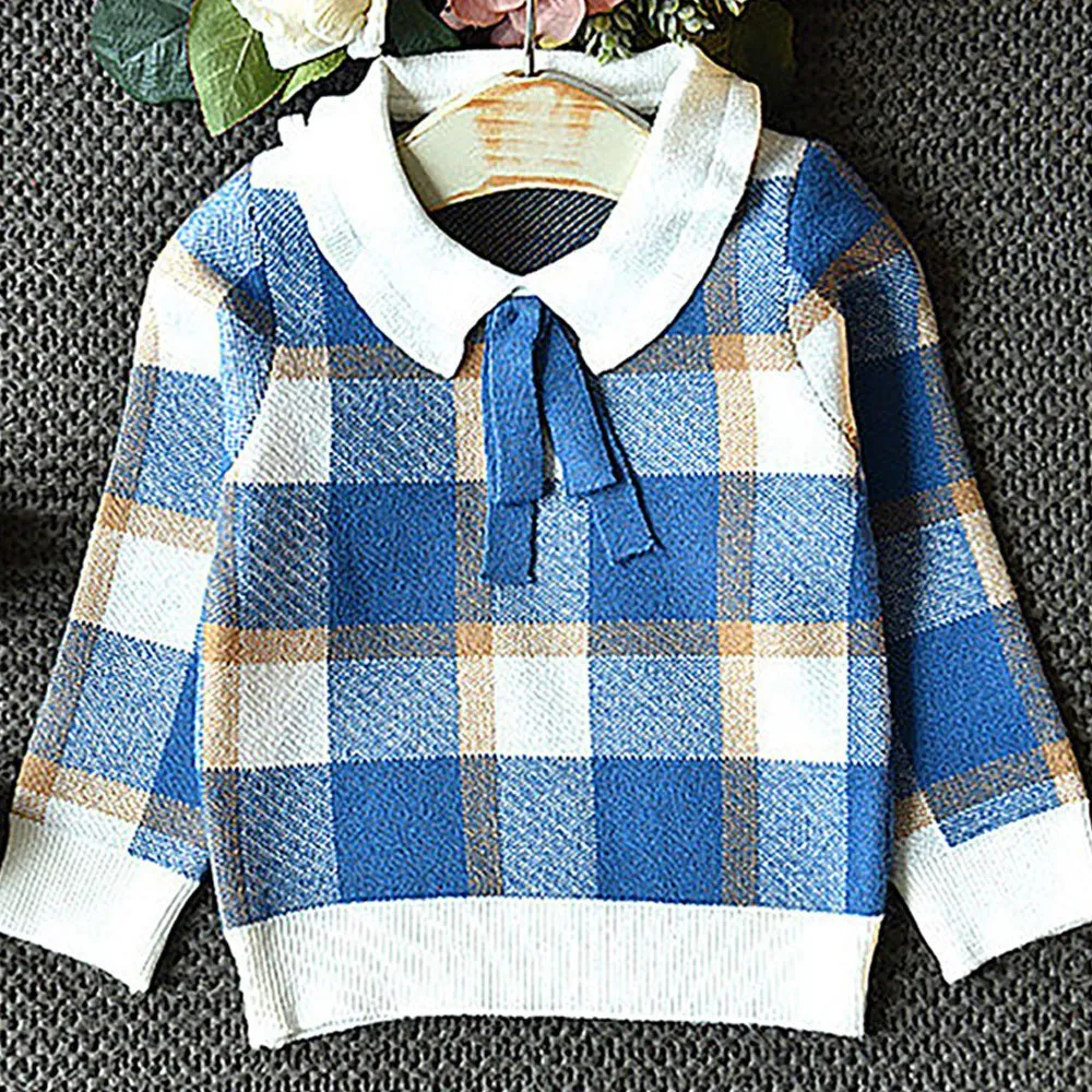 Blue Plaid Peter Pan collar  2 pcs sweatshirt & Skirt Winterwear set for Girls