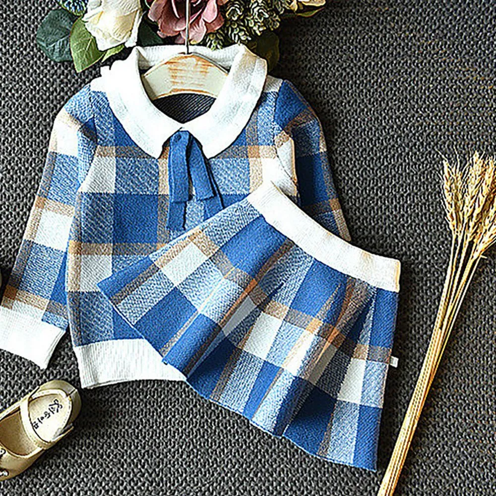 Blue Plaid Peter Pan collar  2 pcs sweatshirt & Skirt Winterwear set for Girls