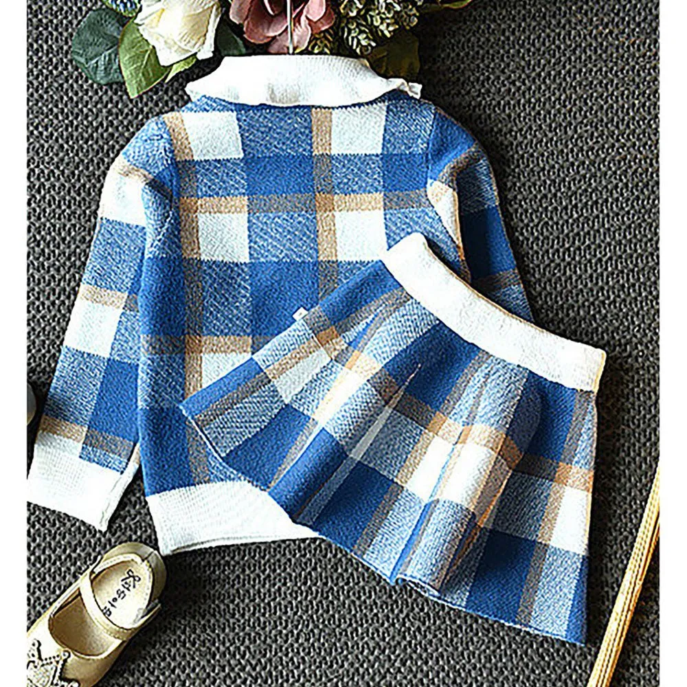 Blue Plaid Peter Pan collar  2 pcs sweatshirt & Skirt Winterwear set for Girls