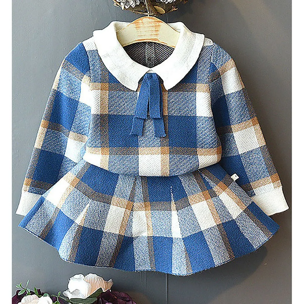 Blue Plaid Peter Pan collar  2 pcs sweatshirt & Skirt Winterwear set for Girls