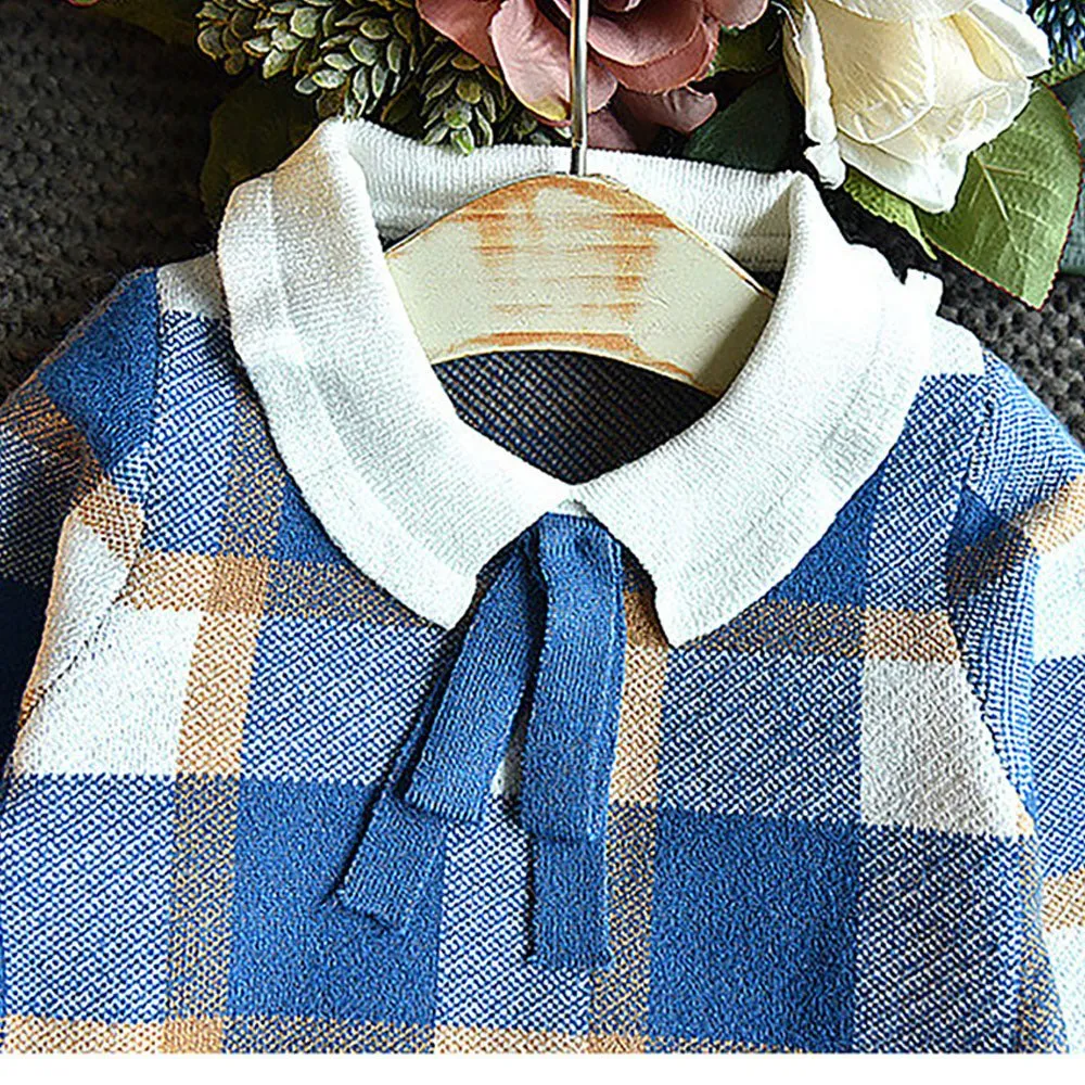 Blue Plaid Peter Pan collar  2 pcs sweatshirt & Skirt Winterwear set for Girls