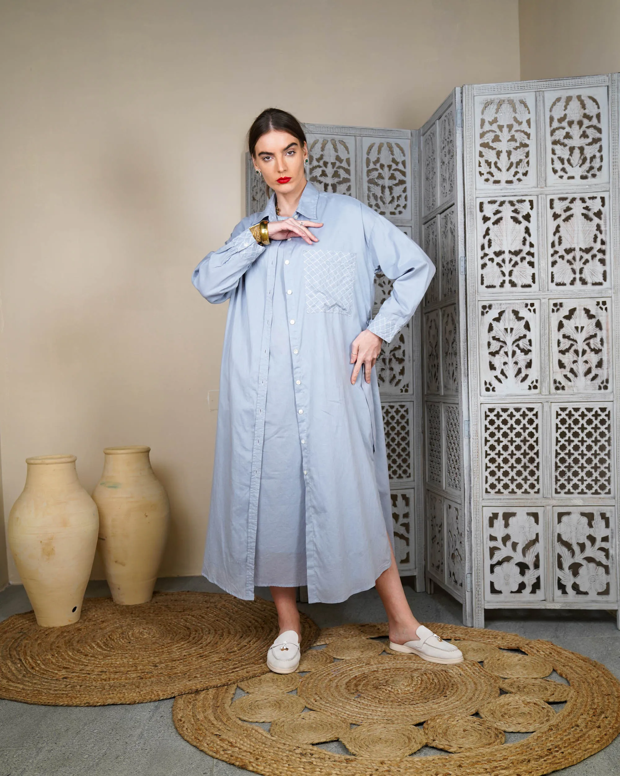 Collar Style with embroidered pocket and waist belted long sleeves with cuff embroidered cotton kaftan 2598 - قفطان