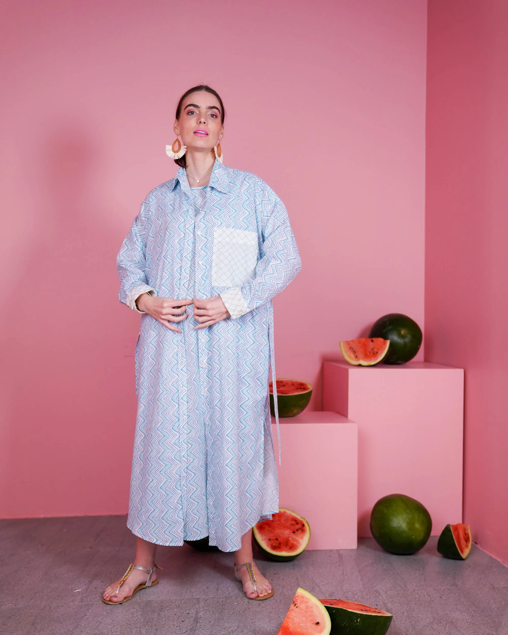 Collar Style with embroidered pocket and waist belted long sleeves with cuff embroidered cotton kaftan 2598 - قفطان