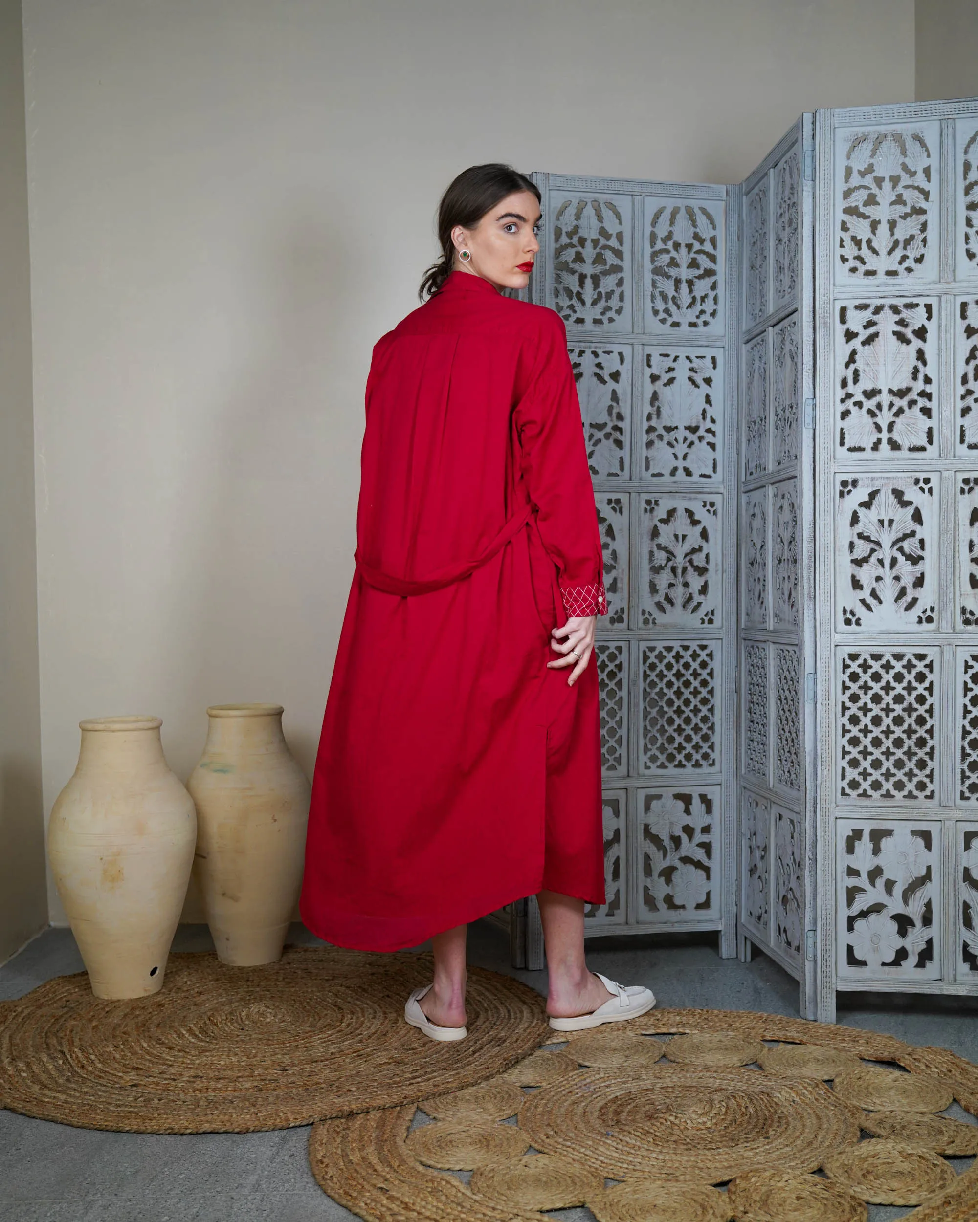 Collar Style with embroidered pocket and waist belted long sleeves with cuff embroidered cotton kaftan 2598 - قفطان