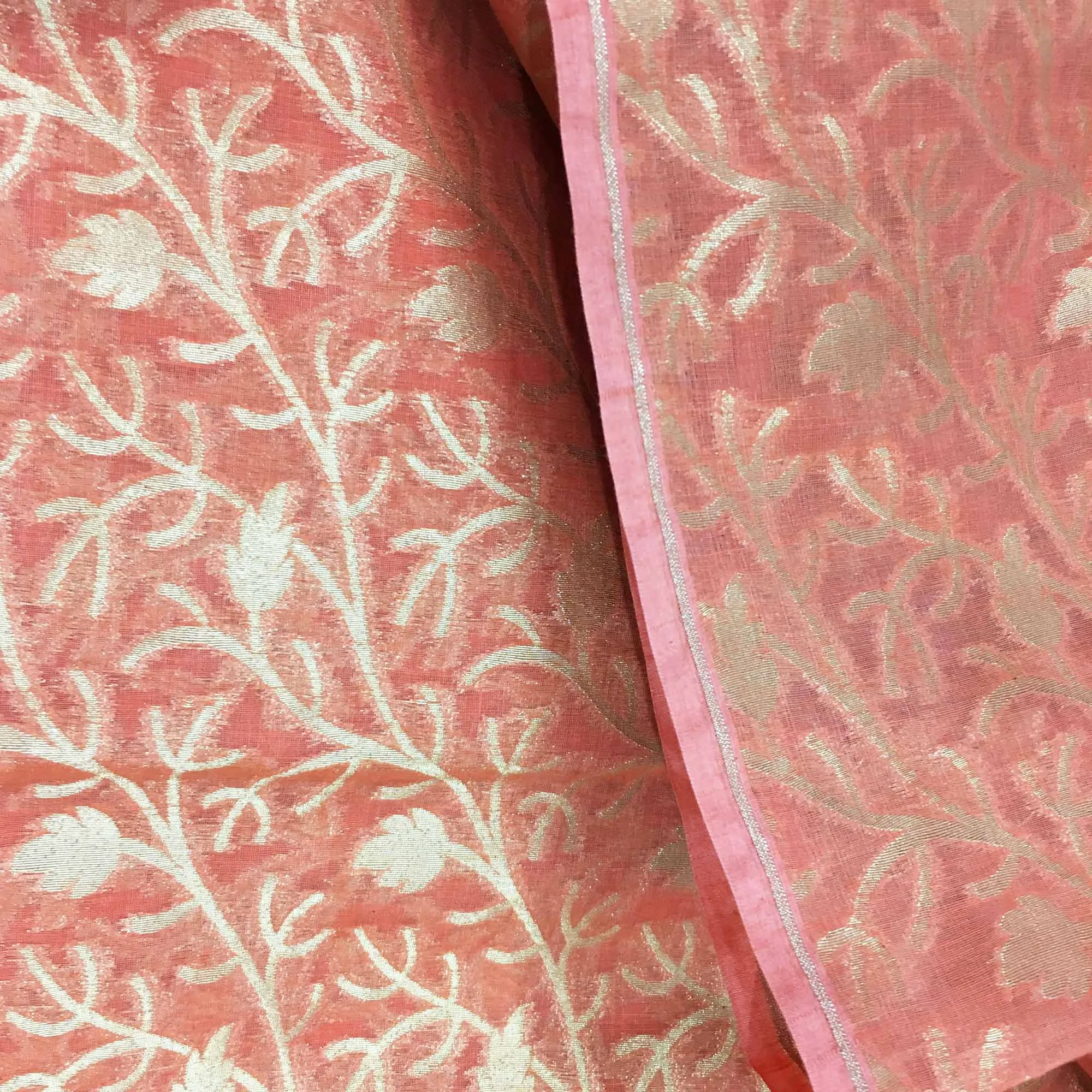 Coral and Gold Banarasi Silk Fabric