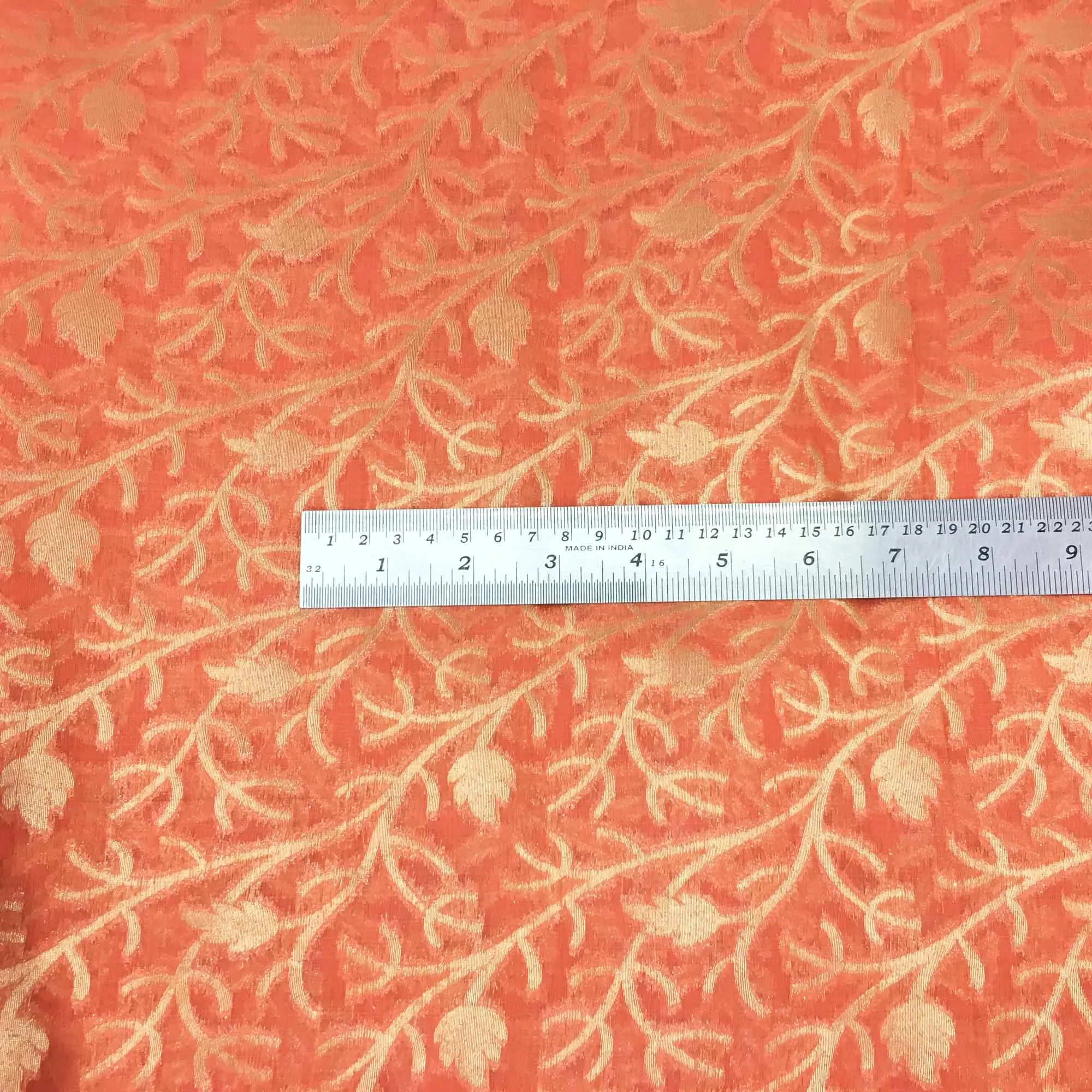 Coral and Gold Banarasi Silk Fabric