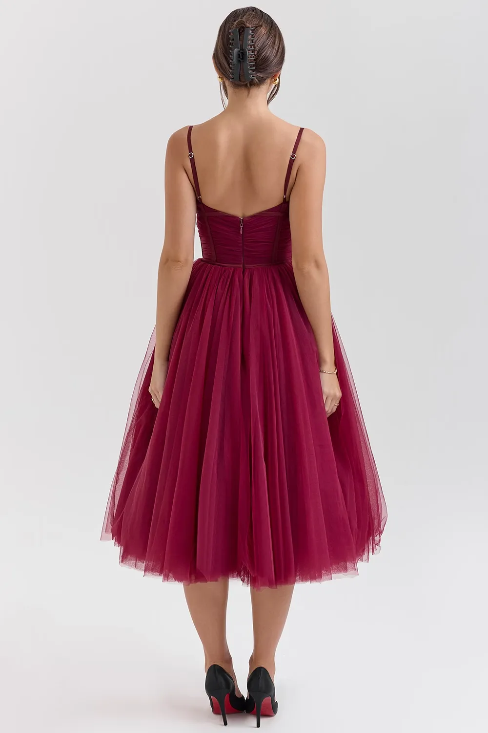 Countess Black Tulle Ruched Bodice Midi Dress - Dark red