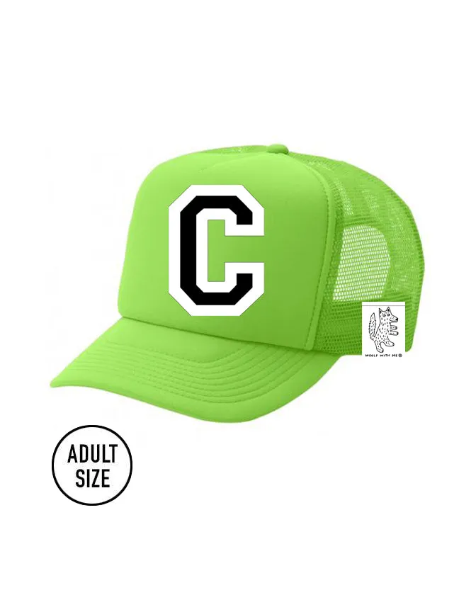 Custom Initial Letter (A-Z) Adult Trucker Hat (Neon Green)