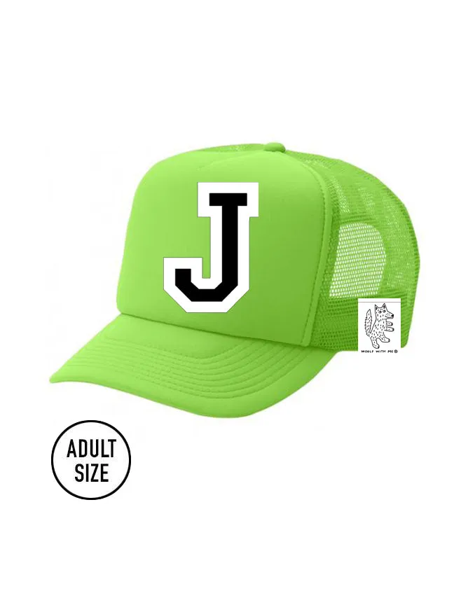 Custom Initial Letter (A-Z) Adult Trucker Hat (Neon Green)