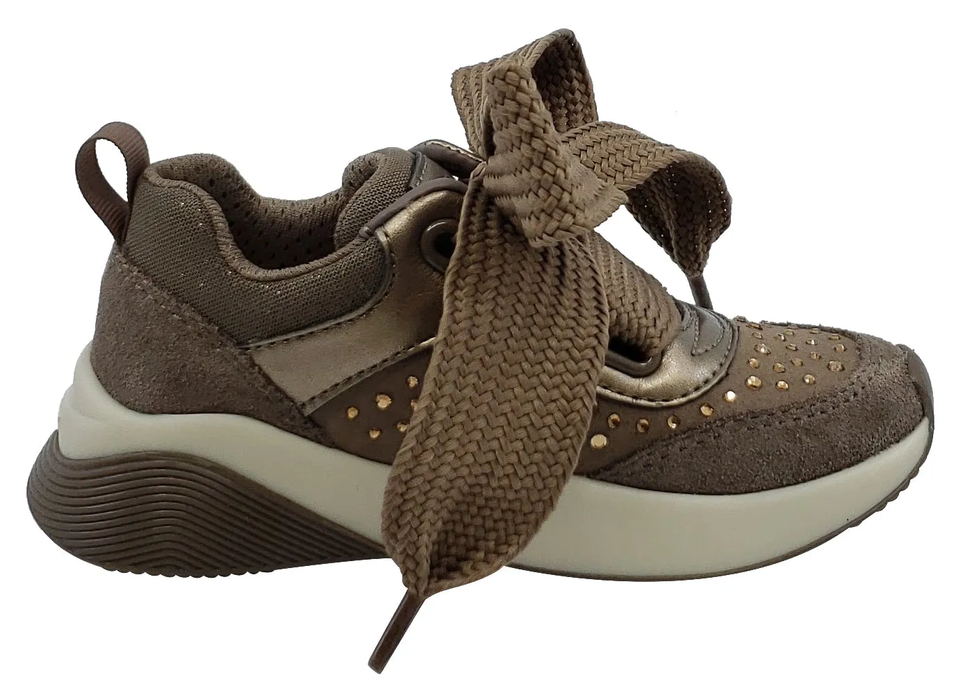 Geox Girl's Sinead Dark Beige Pearl Leather Sneaker Junior
