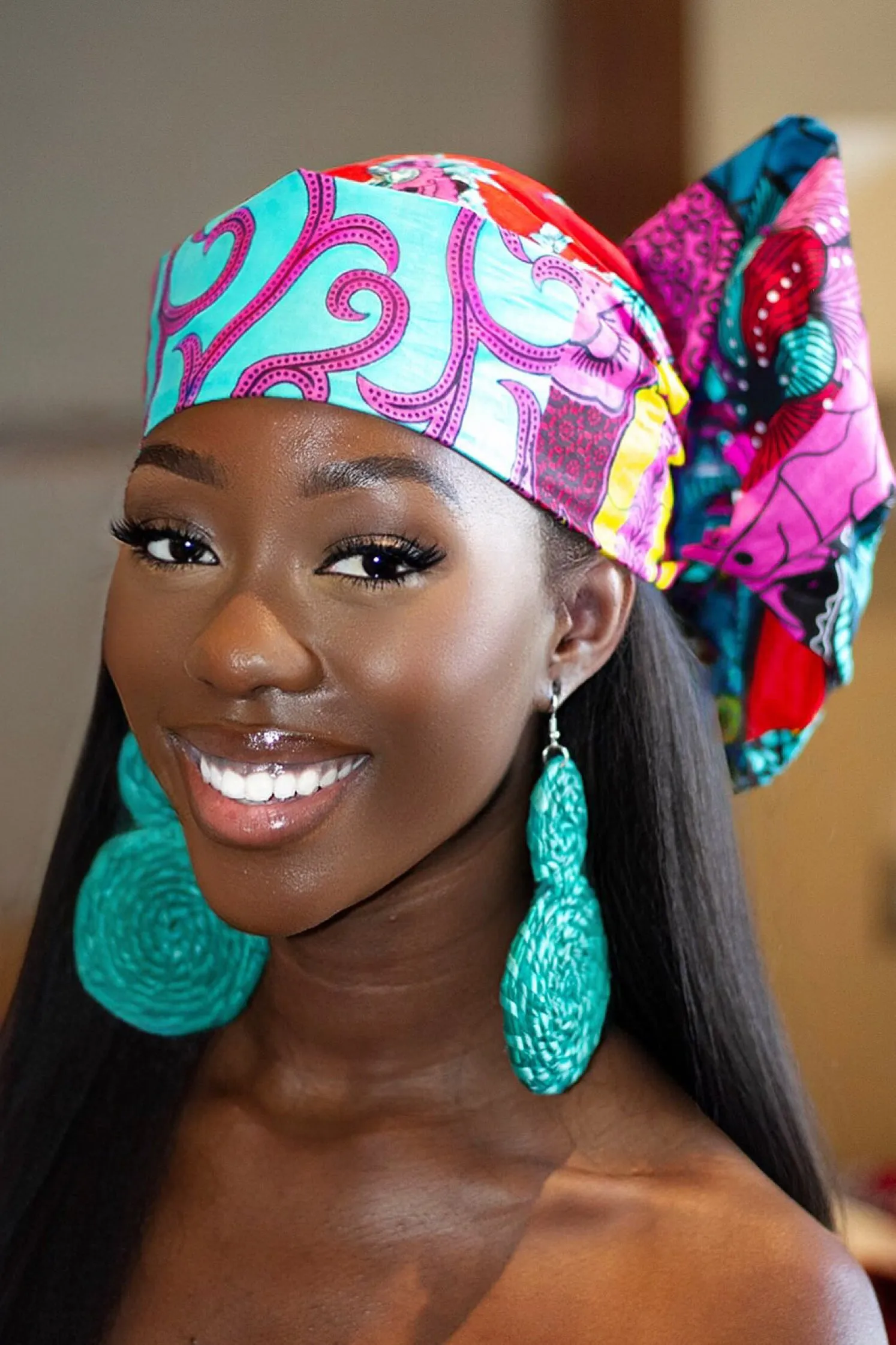 Gift Bundle African Ankara Print Headwrap/Headtie with Rattan Earring- Ofurre