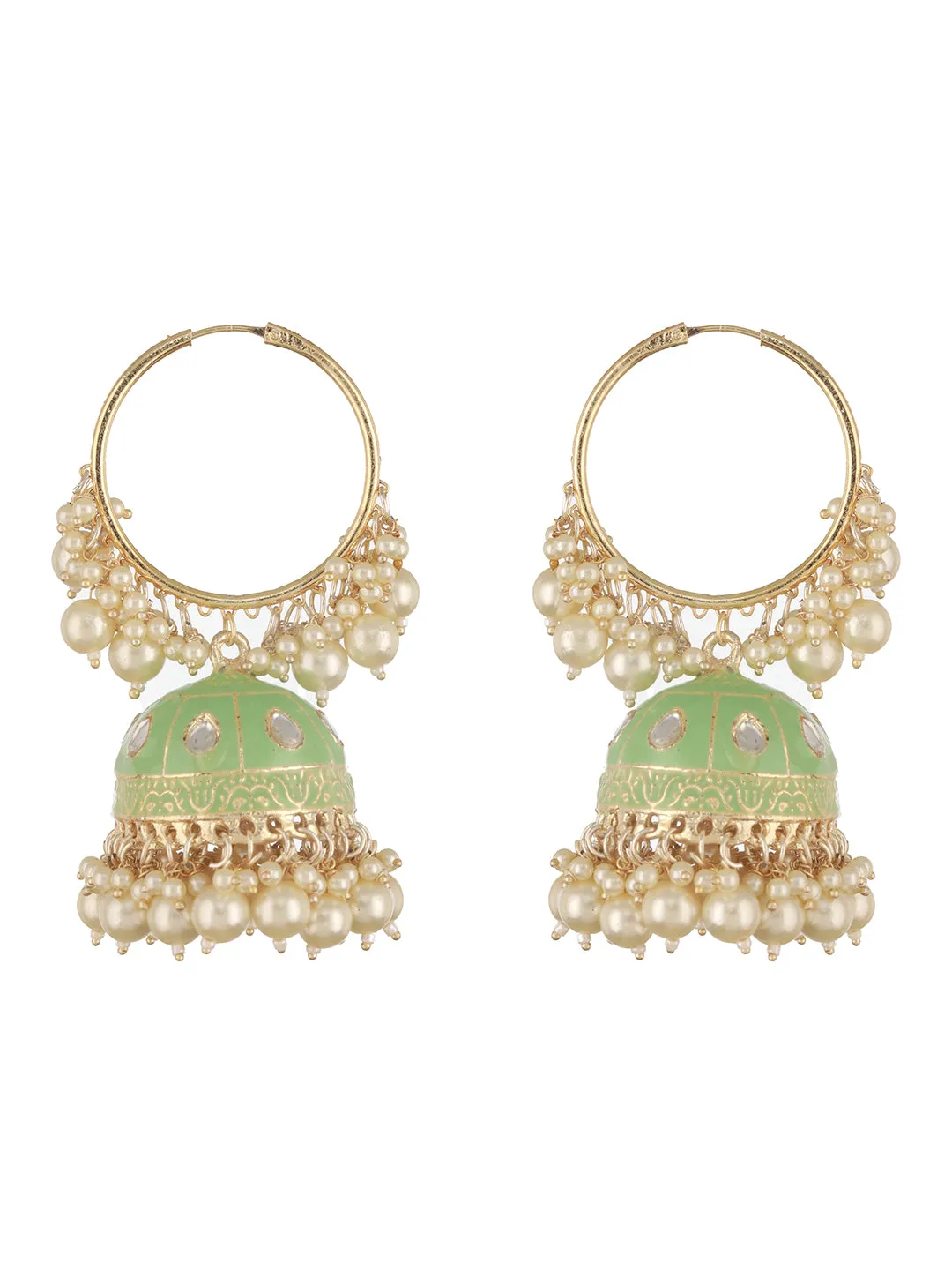 Gold Plated Kundan Studded Green Hoop Jhumka Earrings