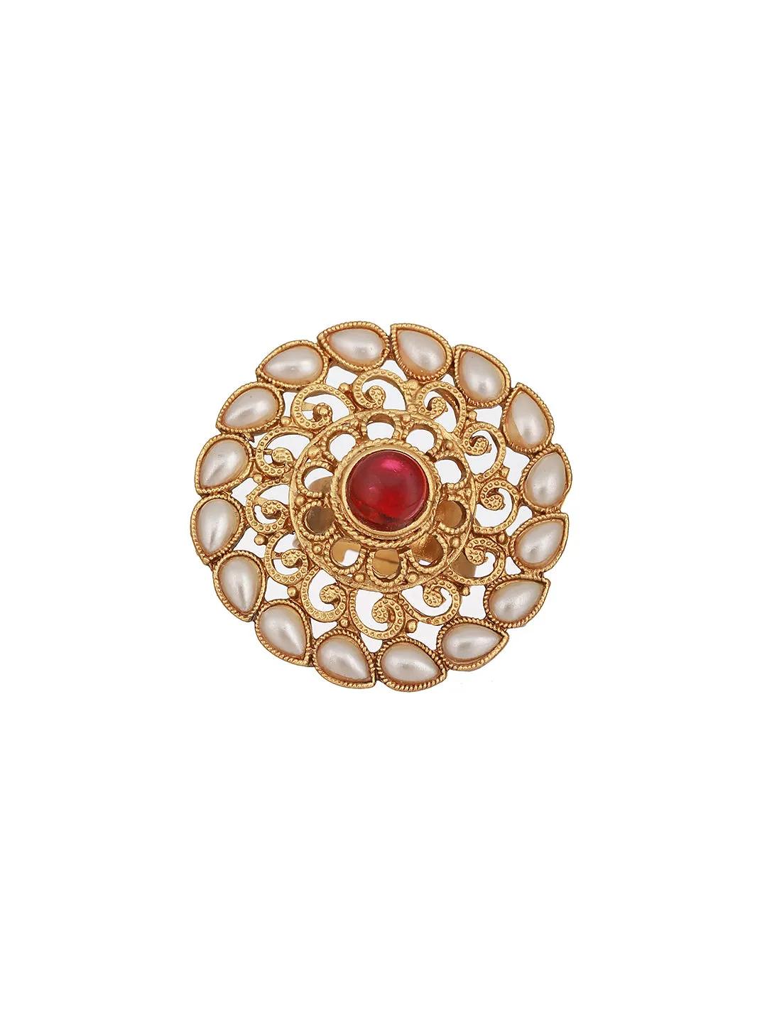 Gold Plated Red Stone Studded & Beaded Adjustable Finger Rings