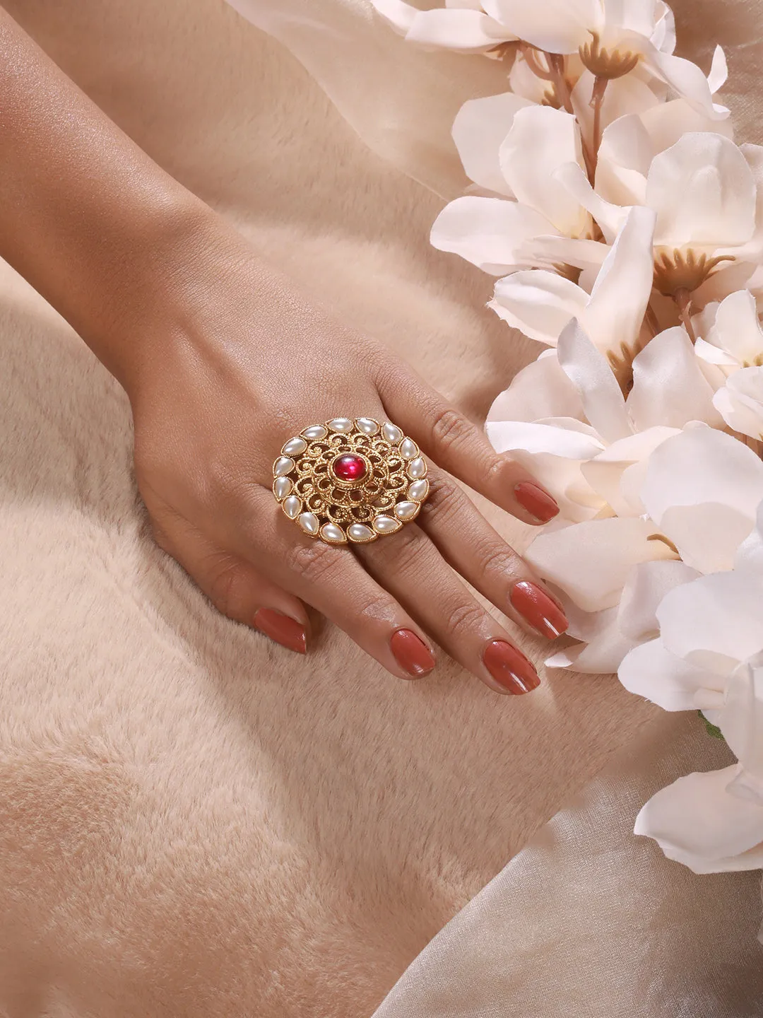 Gold Plated Red Stone Studded & Beaded Adjustable Finger Rings