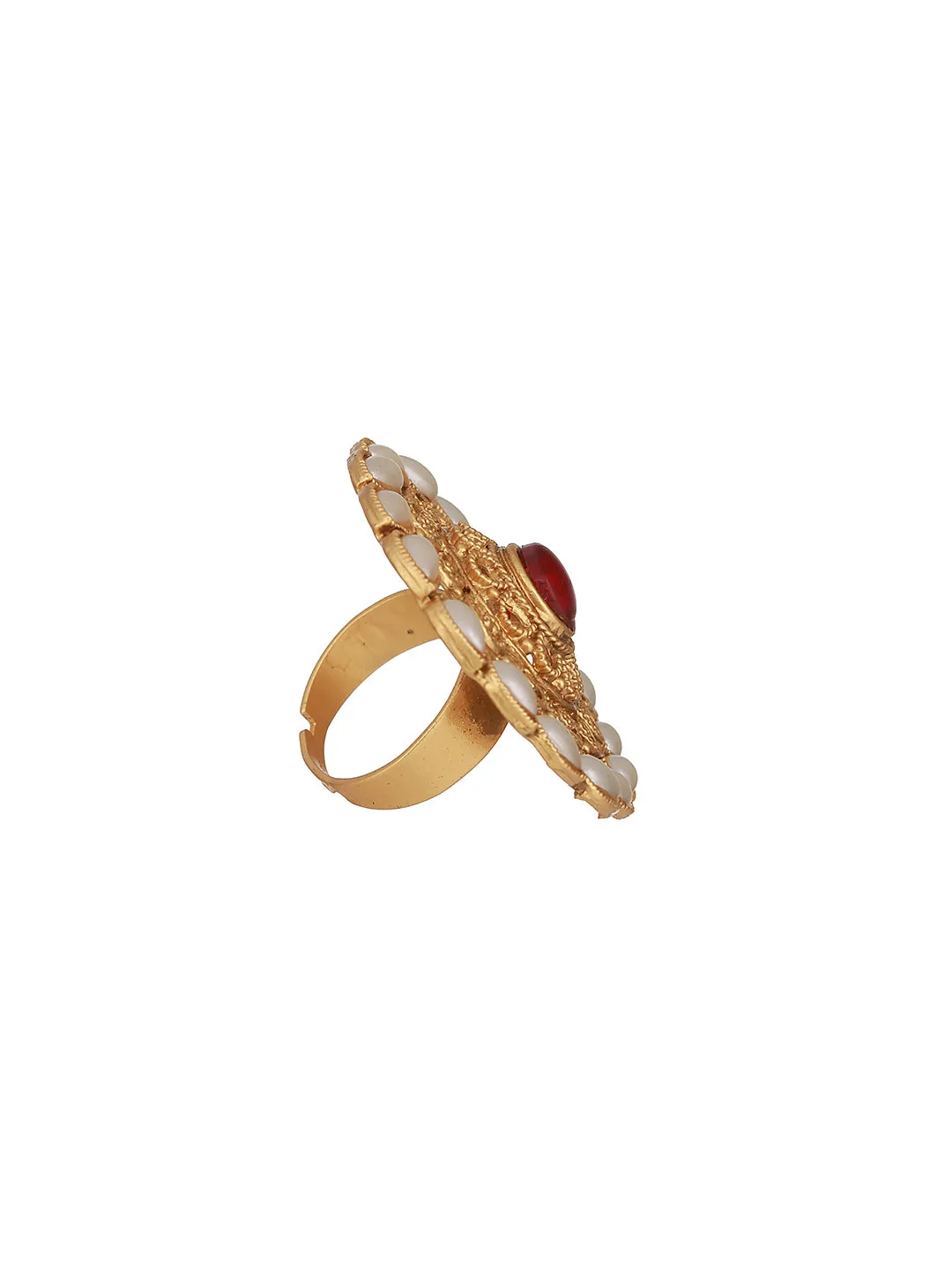 Gold Plated Red Stone Studded & Beaded Adjustable Finger Rings