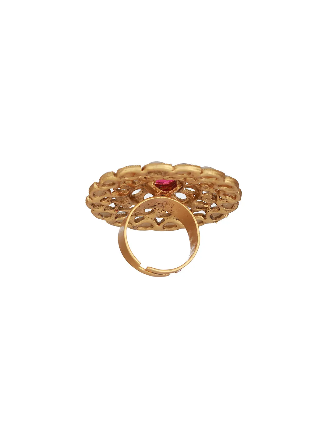Gold Plated Red Stone Studded & Beaded Adjustable Finger Rings