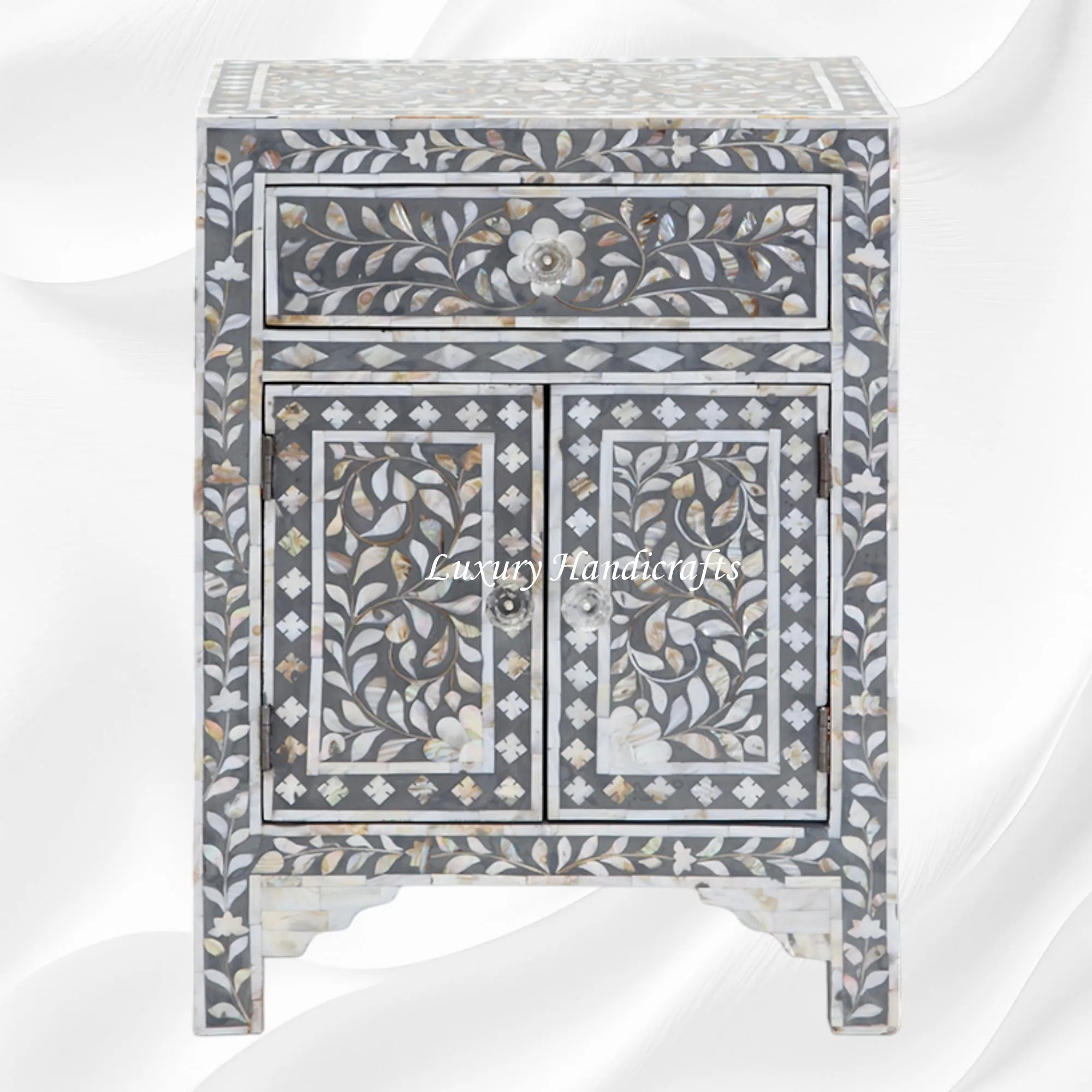 MOP Floral 1 Drawer 2 Door Bedside Table Grey