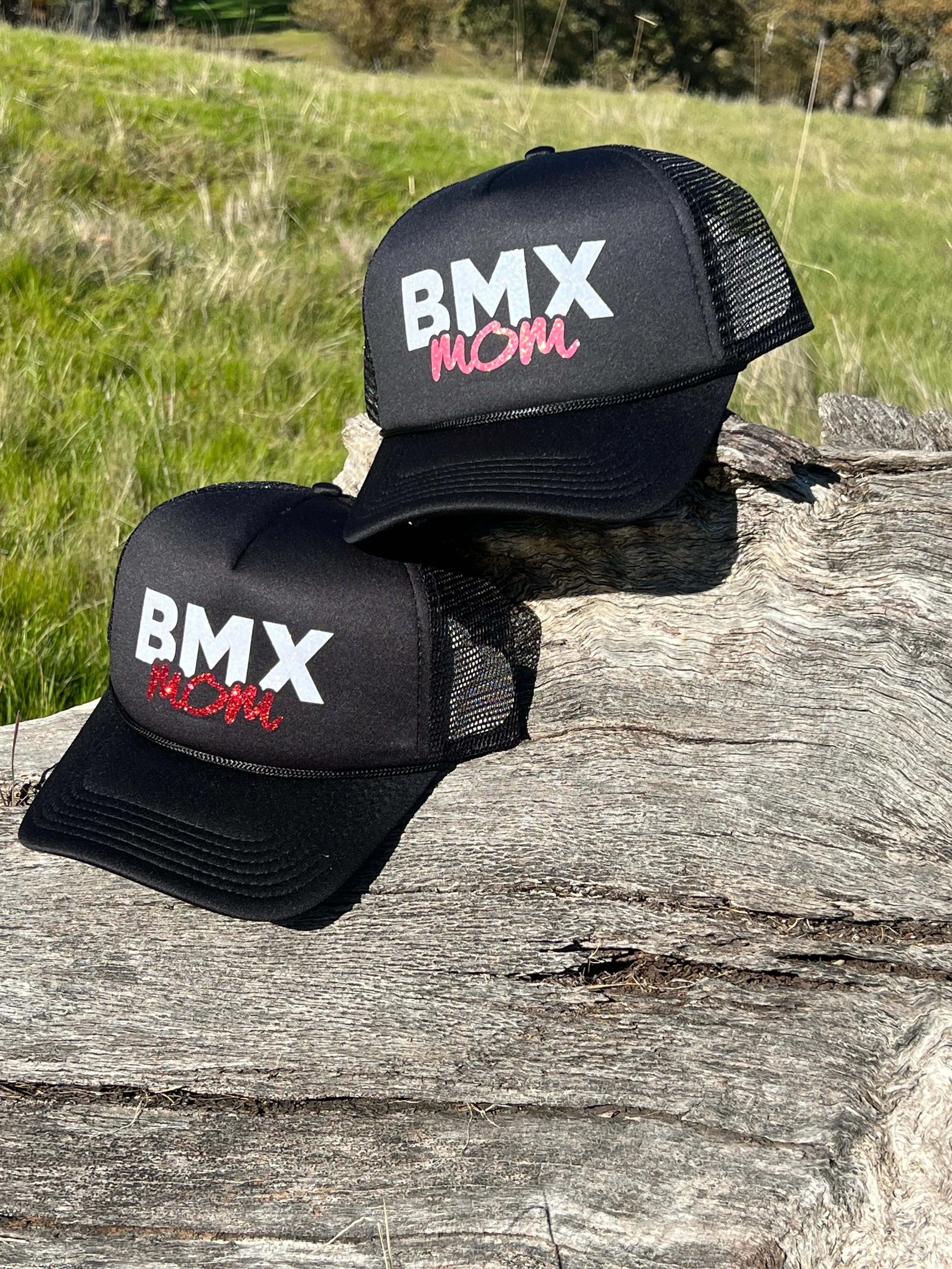 New RIM Black Valucap Foam Trucker Hat with Multicolor Sparkly BMX MOM logo