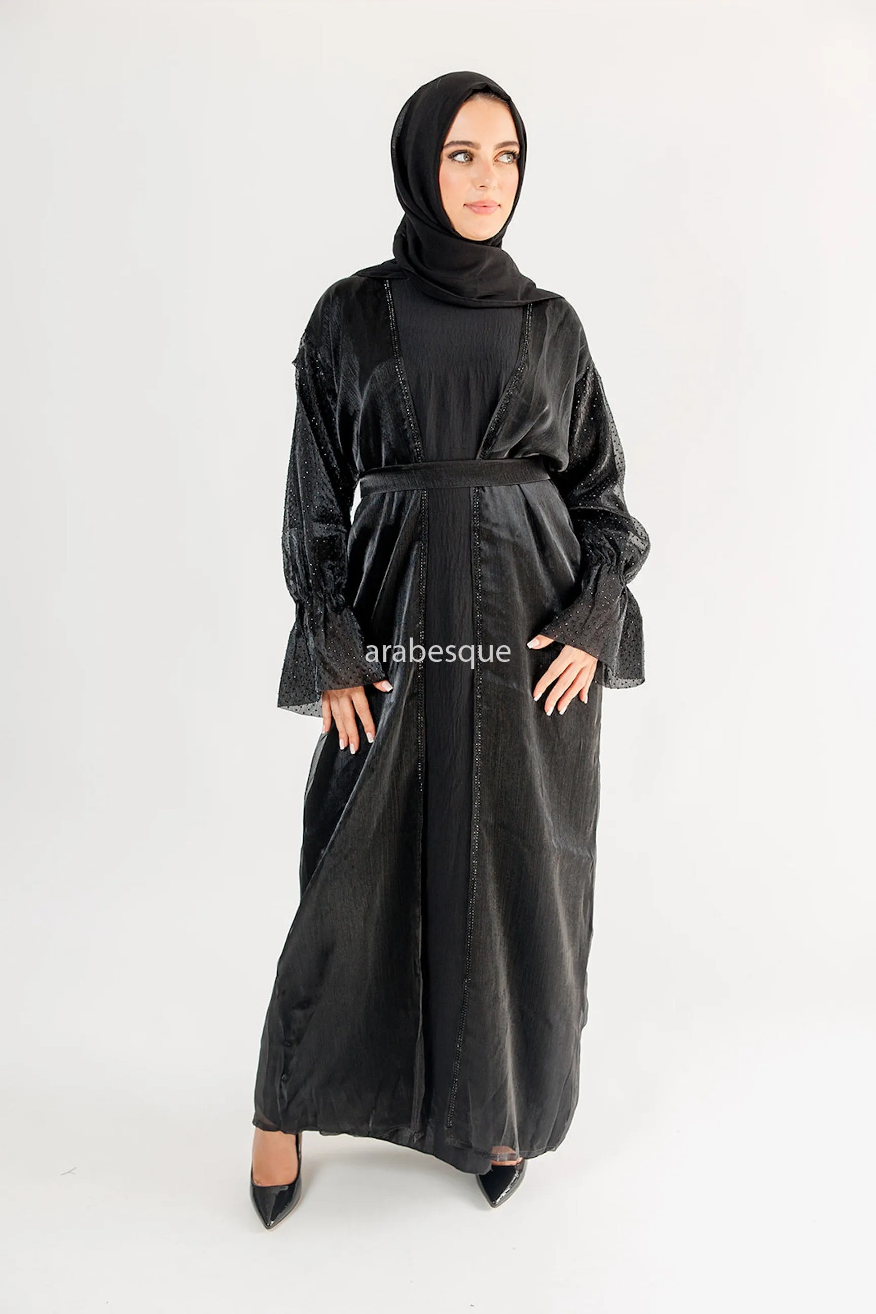 Organza Open Abaya Three Piece Set - 5 Colours