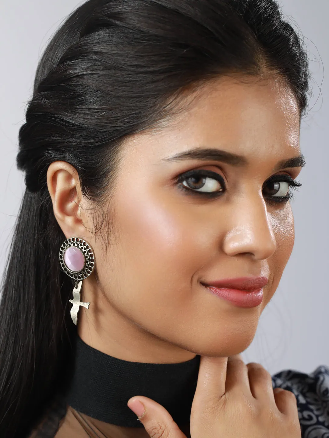 Pink Stone Studded Silver Toned Drop Earrings