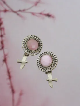 Pink Stone Studded Silver Toned Drop Earrings