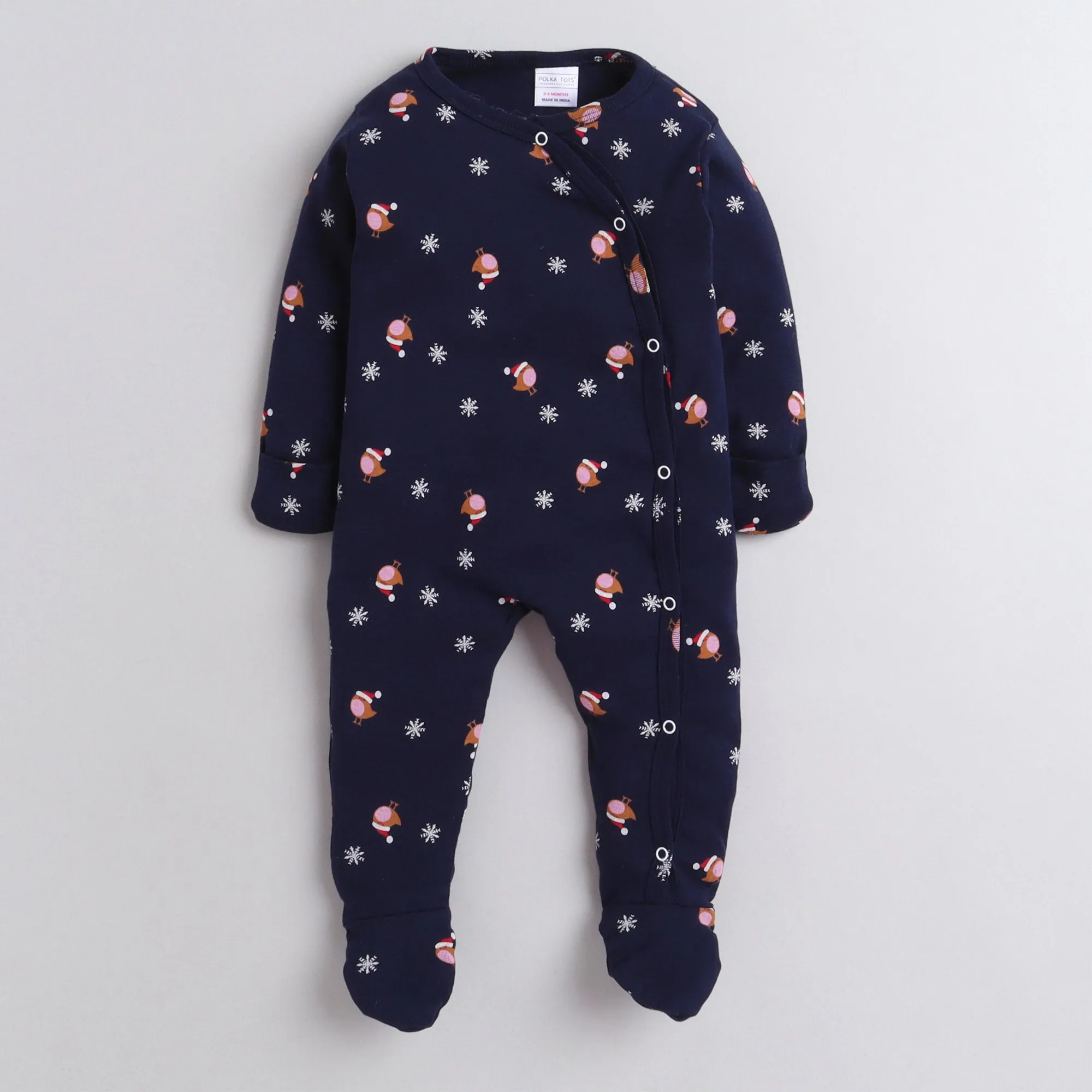 Polka Tots Footed Onesie with mittens 100% Cotton Snow Flakes - Navy Blue
