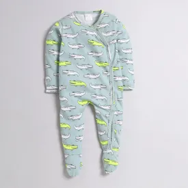 Polka Tots Full Sleeve Footed Romper with Folded Mittens  100% Super Soft Cotton Crocodile Green