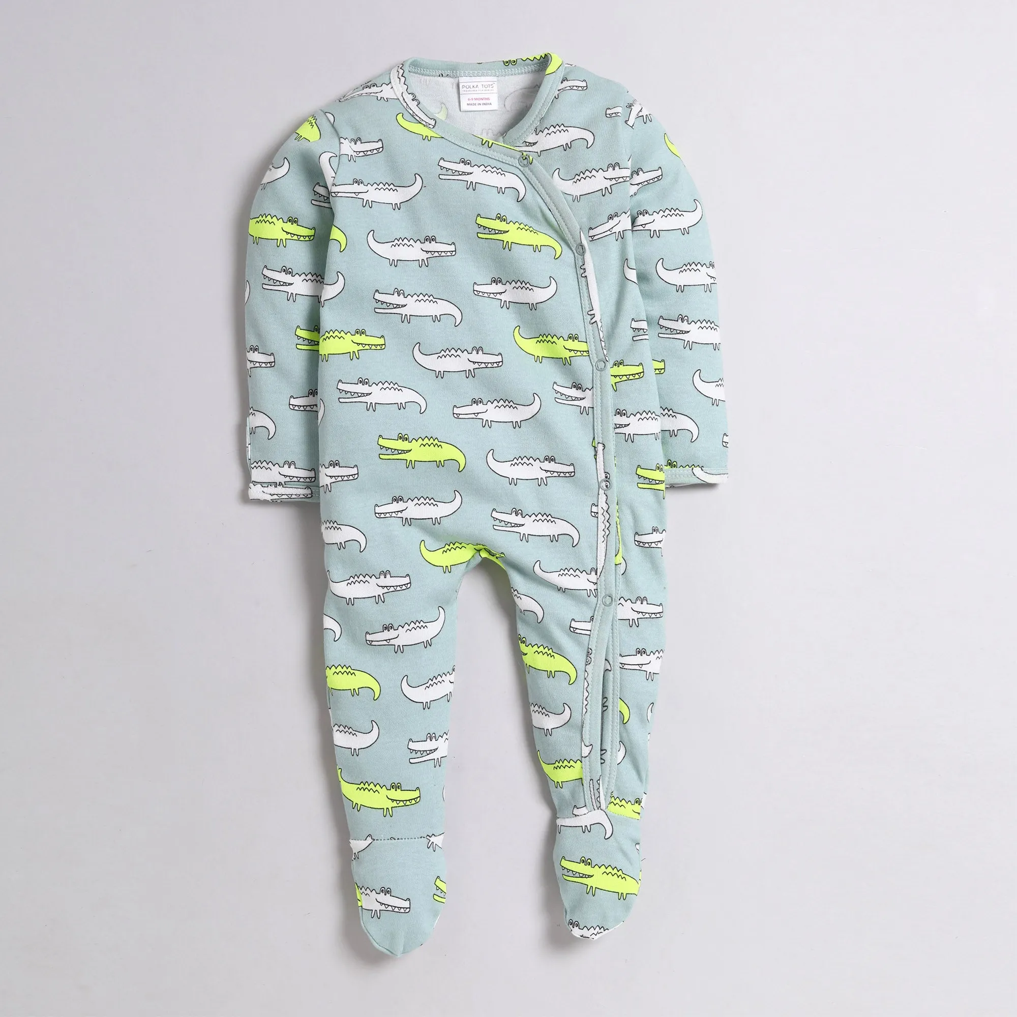 Polka Tots Full Sleeve Footed Romper with Folded Mittens  100% Super Soft Cotton Crocodile Green