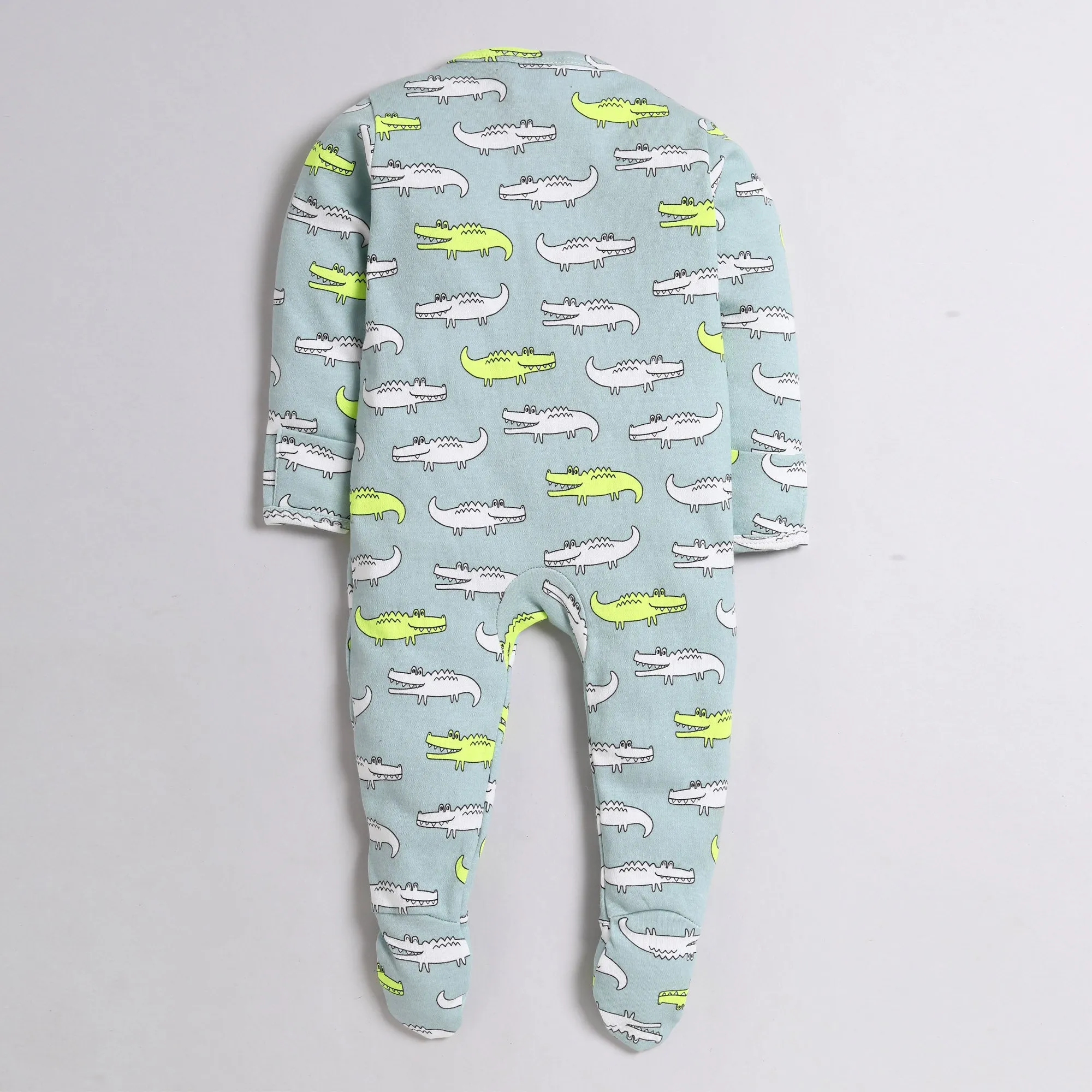 Polka Tots Full Sleeve Footed Romper with Folded Mittens  100% Super Soft Cotton Crocodile Green