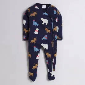 Polka Tots Full Sleeve Footed Romper with Folded Mittens  100% Super Soft Cotton Winter Animals Navy Blue