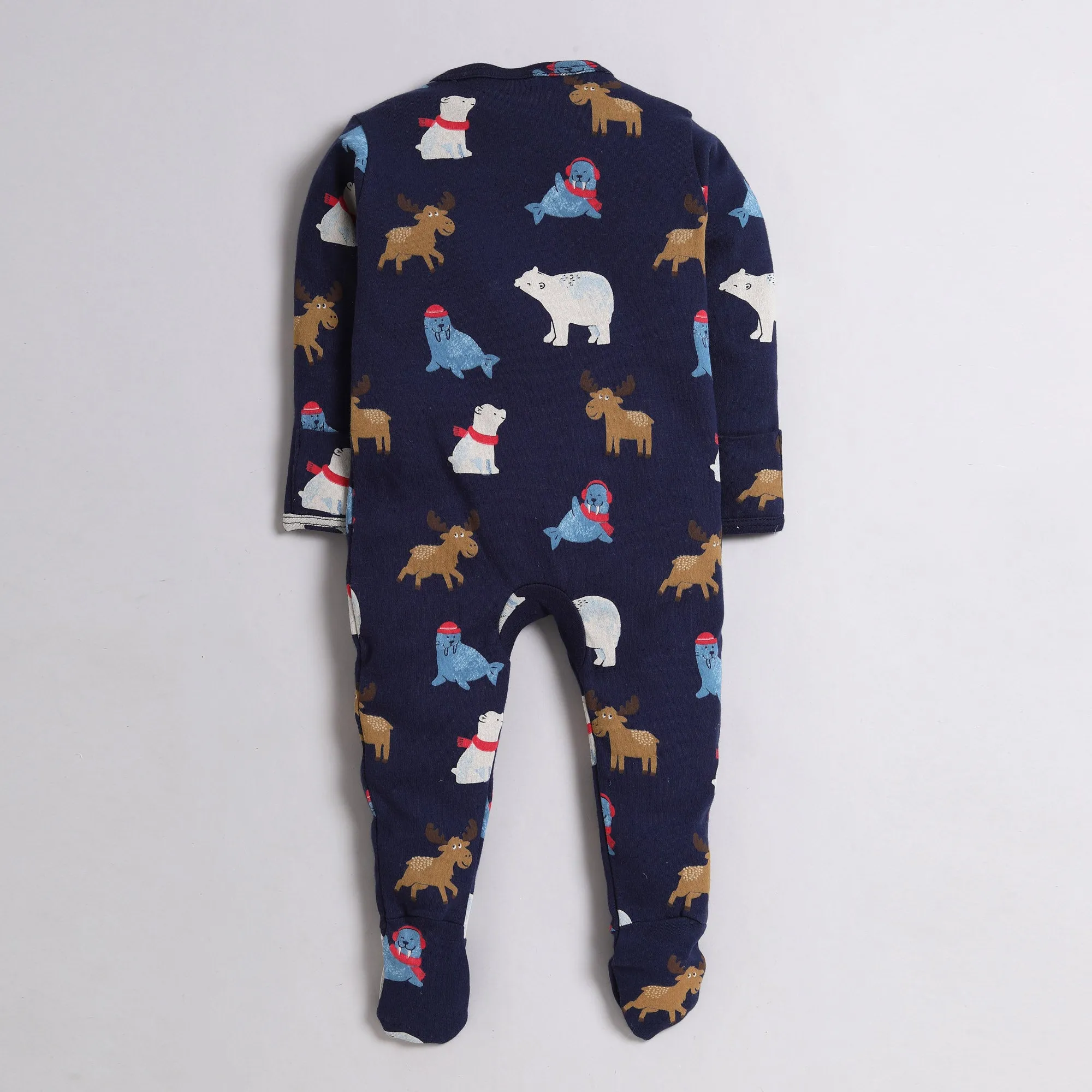 Polka Tots Full Sleeve Footed Romper with Folded Mittens  100% Super Soft Cotton Winter Animals Navy Blue