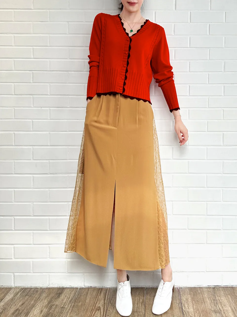 Red Contrast Scallop Trim Cashmere & Wool Cropped Cardigan