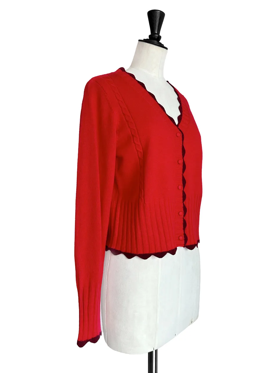 Red Contrast Scallop Trim Cashmere & Wool Cropped Cardigan