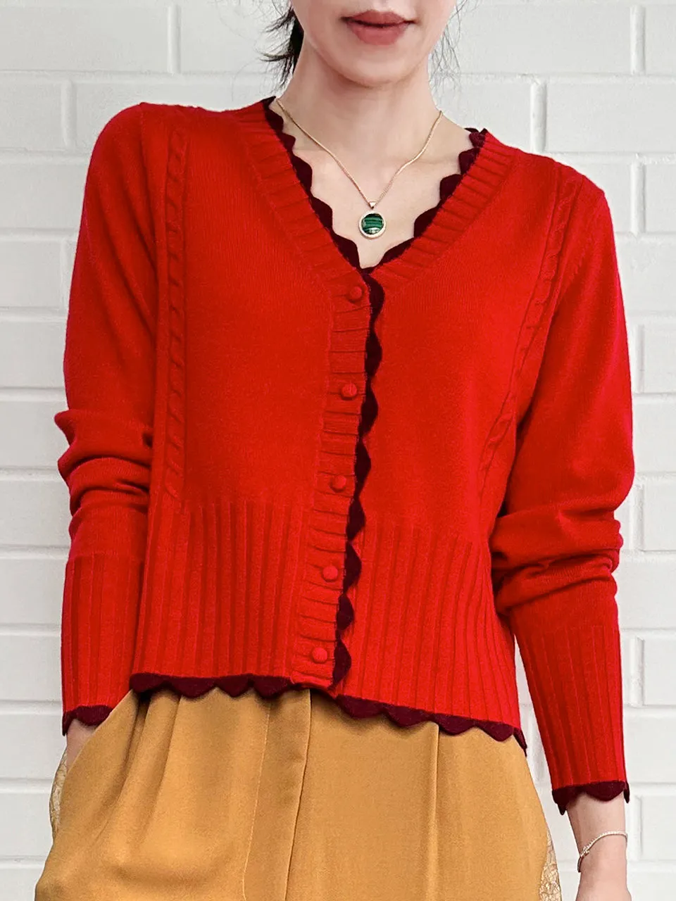 Red Contrast Scallop Trim Cashmere & Wool Cropped Cardigan