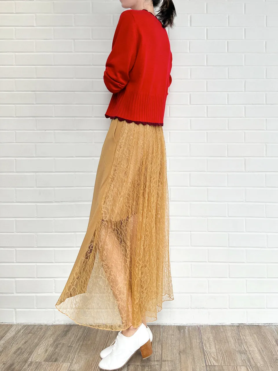 Red Contrast Scallop Trim Cashmere & Wool Cropped Cardigan