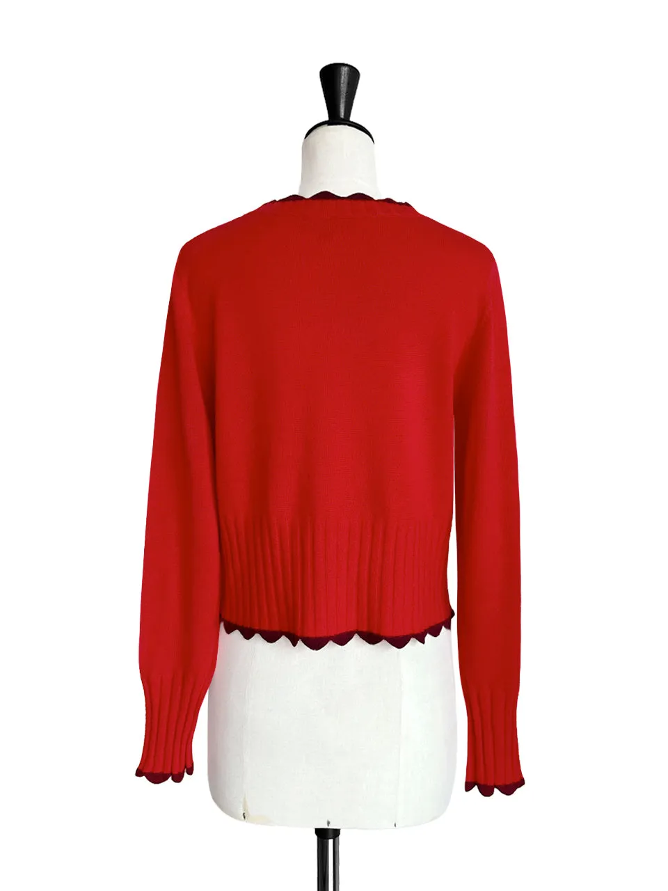 Red Contrast Scallop Trim Cashmere & Wool Cropped Cardigan